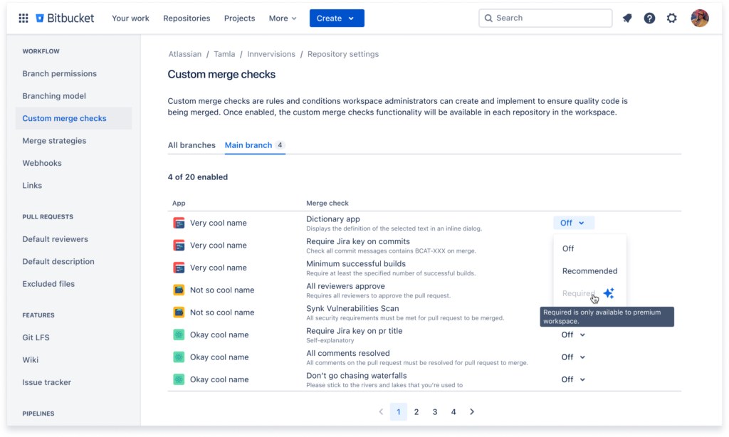 Custom merge check "Recommended" vs "Required" configuration.