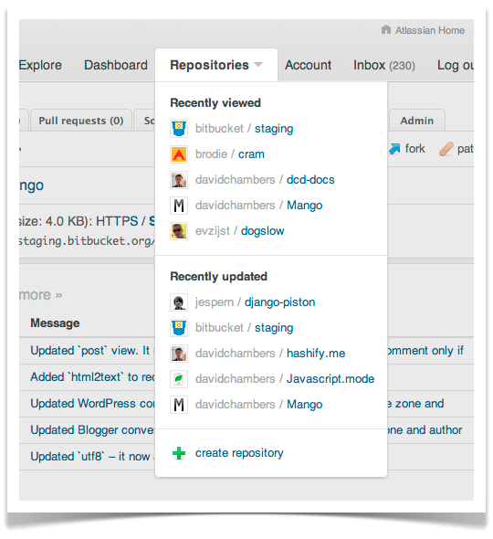 Bitbucket's new repositories drop-down